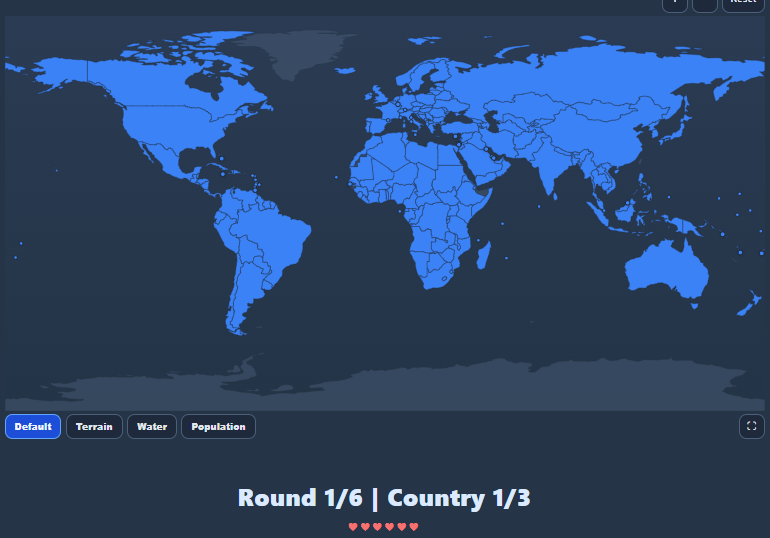 World map with round counter, country counter, and player lives
